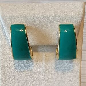 Vintage Teal Enamel Gold Tone Hoop Clip-On Earrings Coastal Preppy